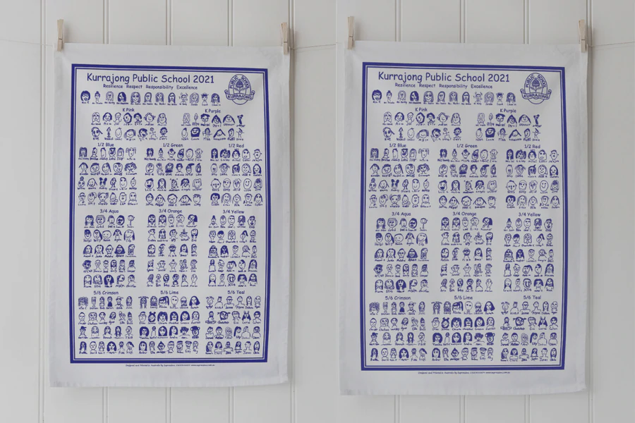 Kurrajong Public School 2021 custom tea towel design featuring student self-portraits, a successful project by Expressions Fundraising Australia