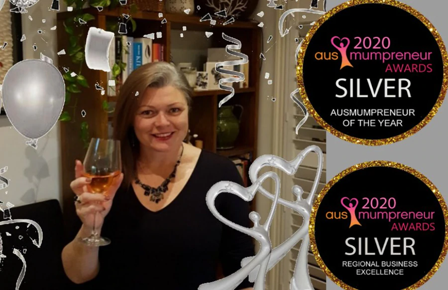 Founder of Expressions Fundraising celebrating Silver Wins at 2020 AusMumpreneur Awards with virtual confetti and awards