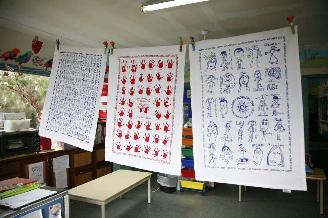 School displaying personalised tea towel fundraiser designs.