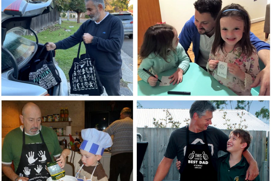 A collage of dads and children using personalised tote bags and aprons made with kids' handprints and drawings—perfect Father’s Day gifts from schools and childcare centres.