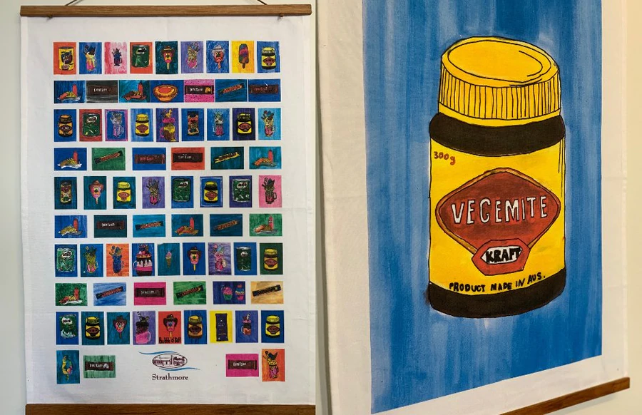 Colourful student drawings of iconic Aussie foods printed as tea towels by Strathmore Primary School.