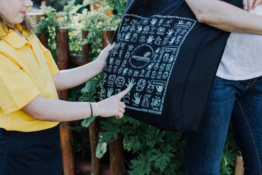 Screen printed school fundraising black cotton tote bags with blue printed drawings