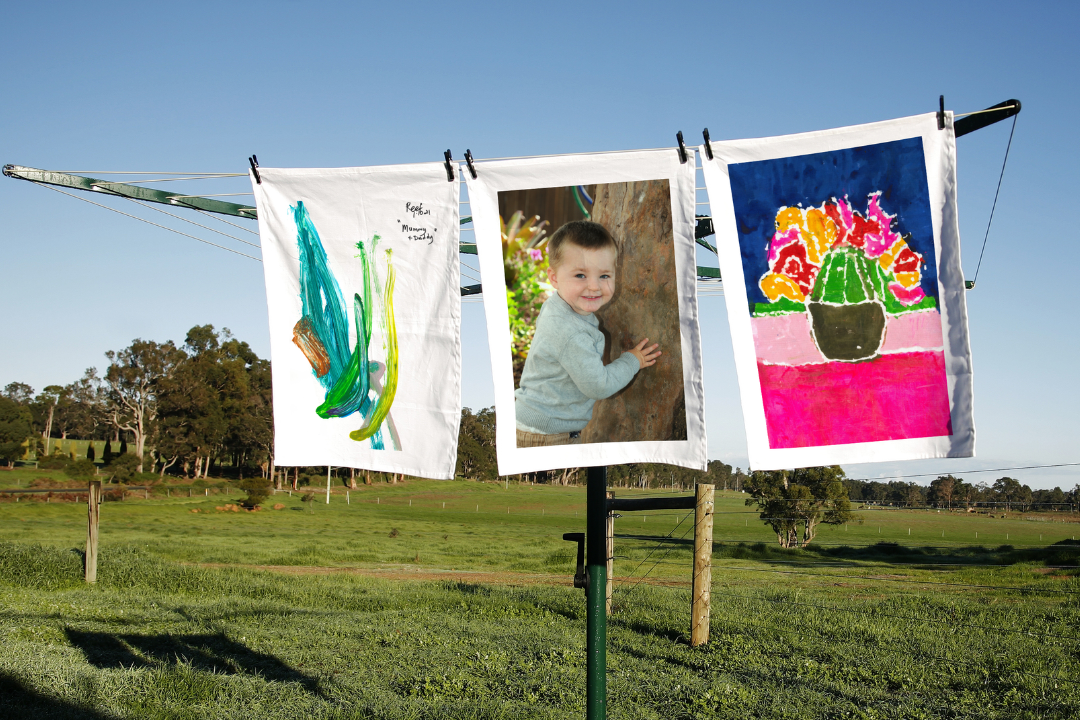 Clothesline with custom printed tea towels