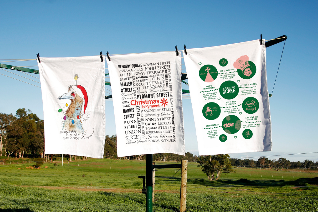 Festive Christmas tea towel designs printed by Expressions Fundraising Australia.