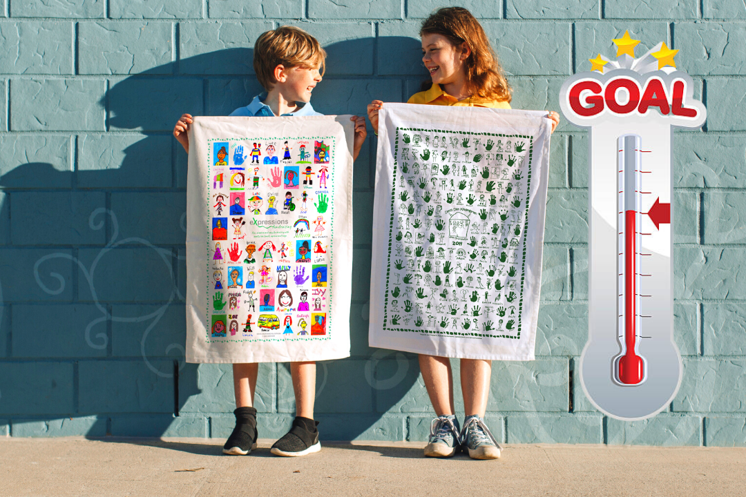 Collage of tea towel artwork from 2023 fundraisers