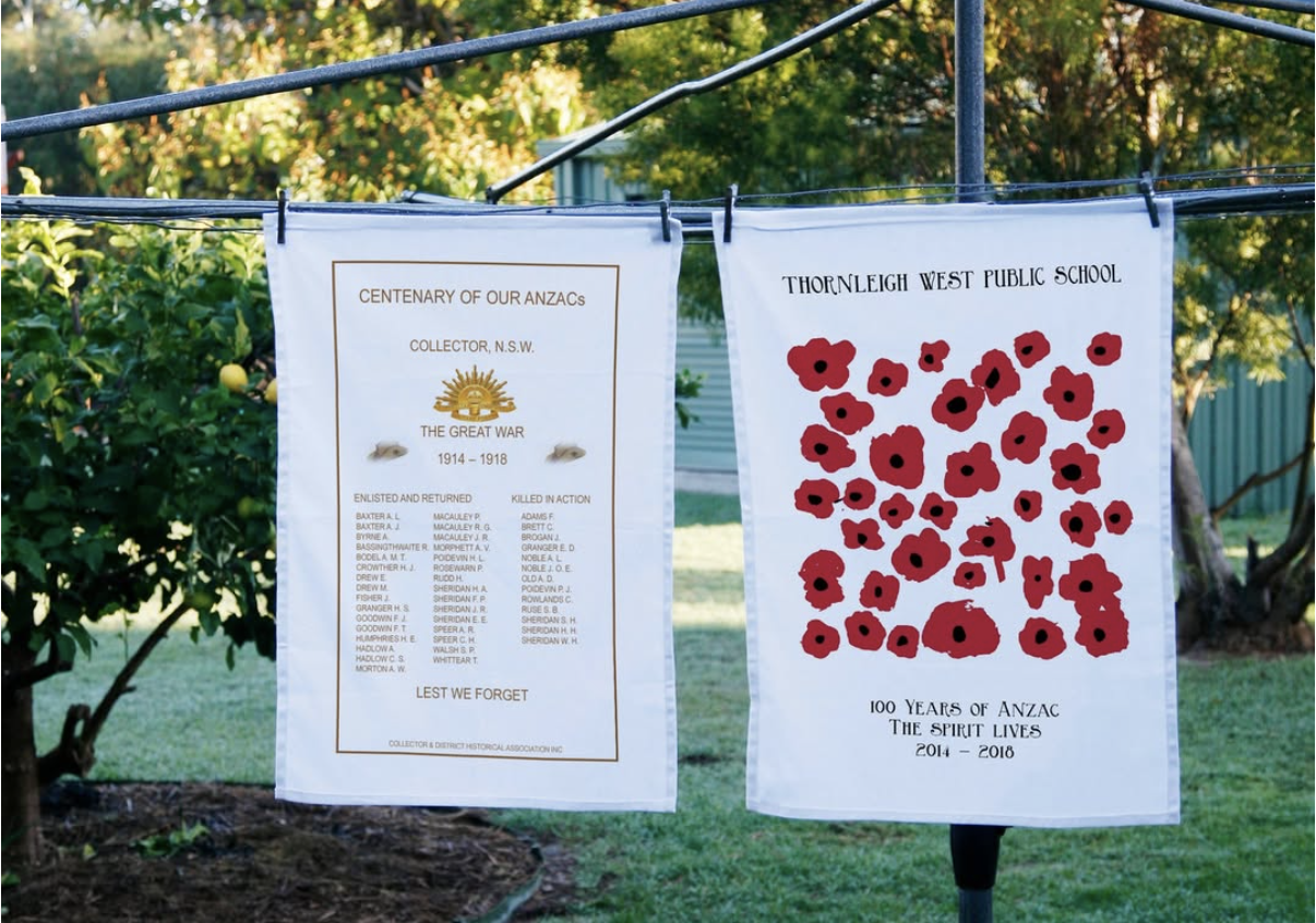 Custom ANZAC commemorative tea towels from Collector NSW and Thornleigh West Public School, featuring student-designed poppies and WWI tribute lists for school fundraising.