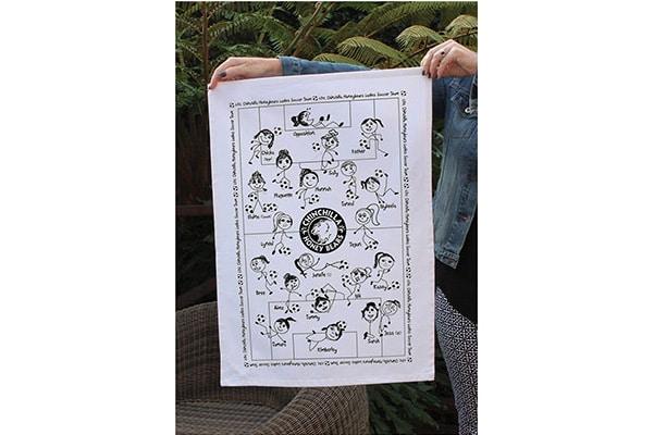 Creative Chinchillas soccer team tea towel fundraiser featuring player self-portraits.