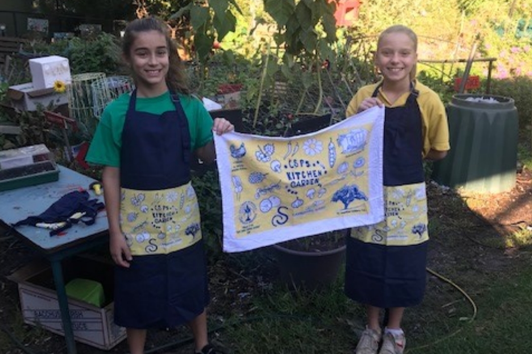 fundraising tea towels, kitchen garden, school tea towels, school aprons, printed tea towels and aprons