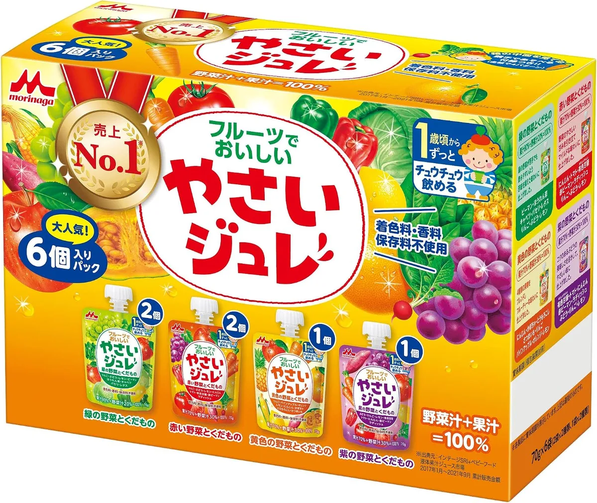 Morinaga жимс, ногооны желе ундаа — 4 амтны багц (70г × 6)