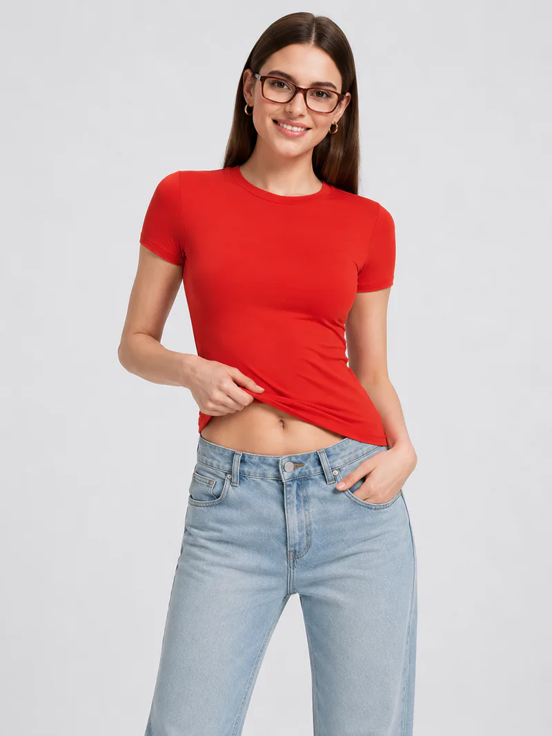 Women Slim Fit Stretch Crew Neck T Shirt