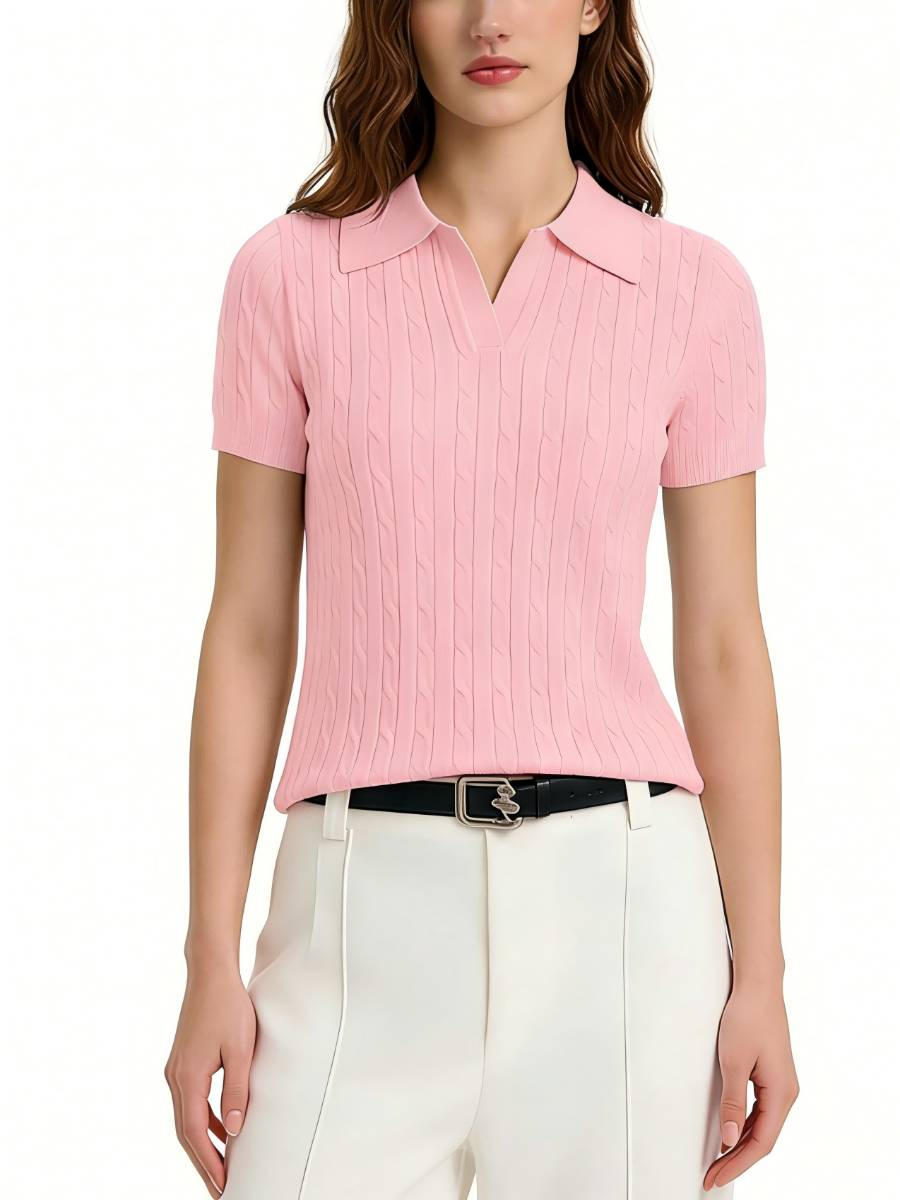 Custom Women’s Cable Knit Polo Shirt – Short Sleeve Open Collar Top