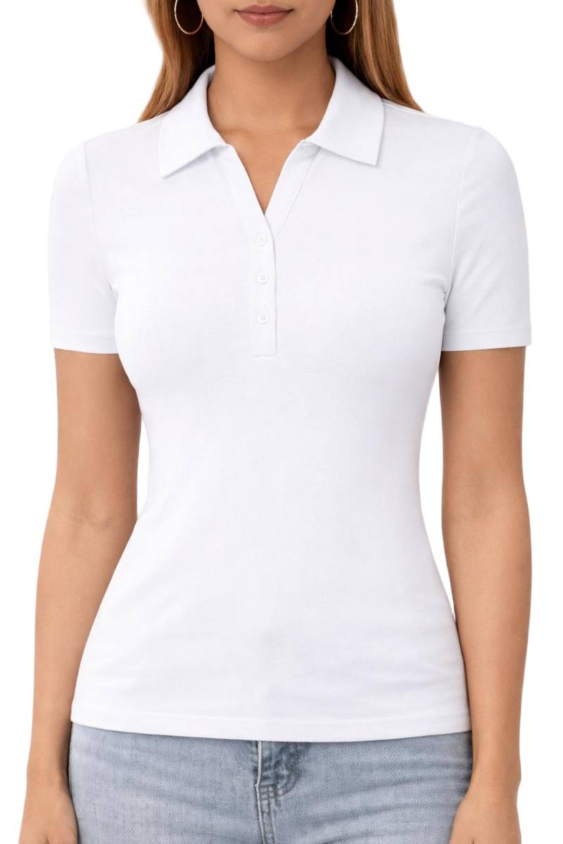 Women's Slim Fit V-Neck Polo Tee | Soft Stretch Short Sleeve Button Top