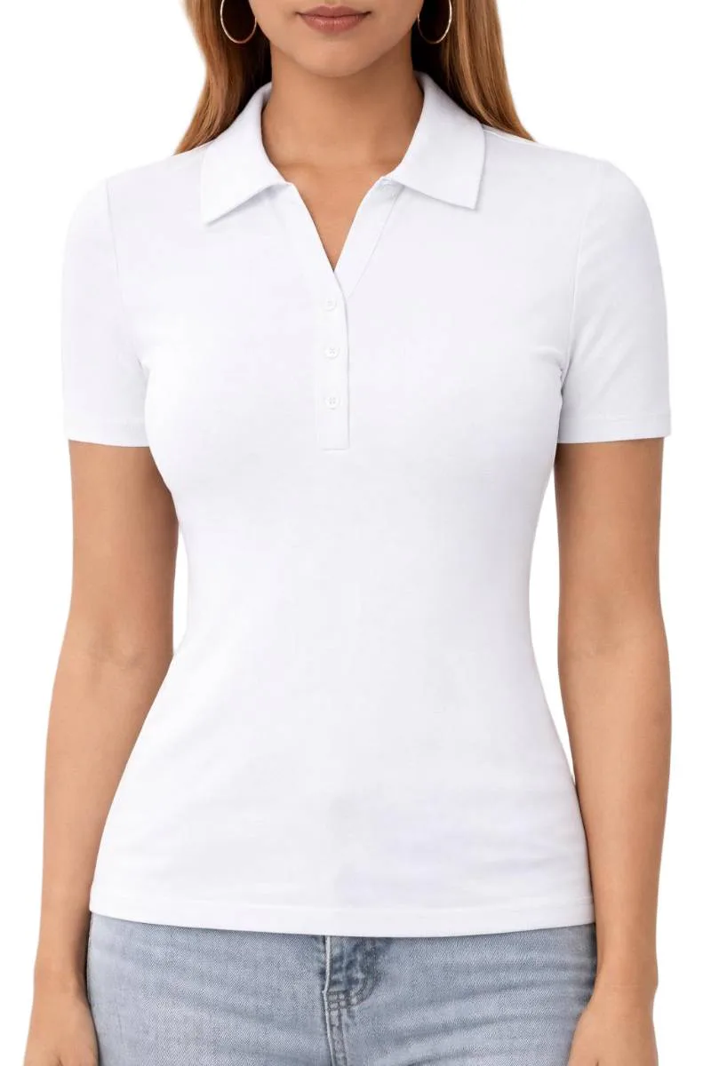 Women's Slim Fit V-Neck Polo Tee | Soft Stretch Short Sleeve Button Top