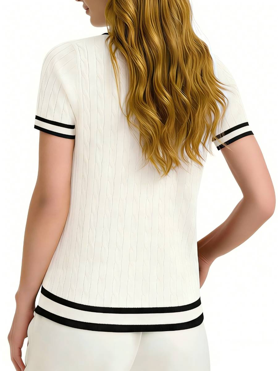 Custom Women’s Cable Knit Polo Shirt – Short Sleeve Open Collar Top