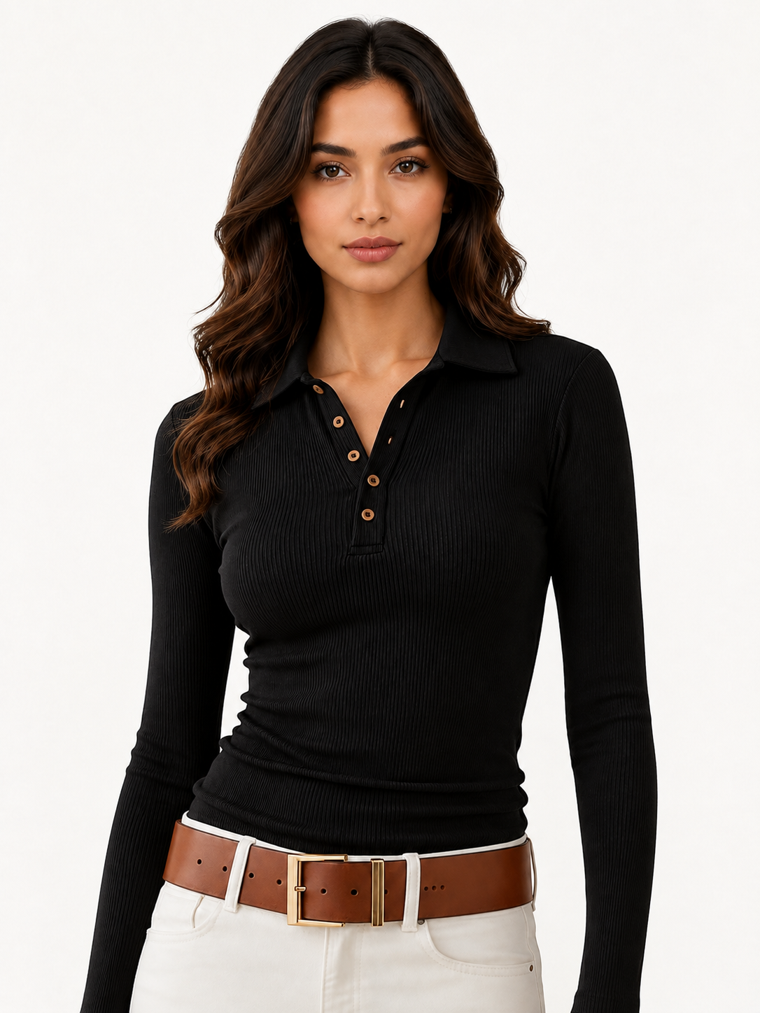 Custom Women’s Long Sleeve Ribbed Polo Shirt – Private Label Fitted Top
