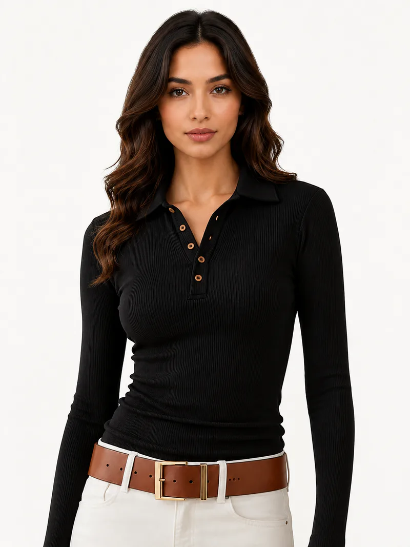 Custom Women’s Long Sleeve Ribbed Polo Shirt – Private Label Fitted Top
