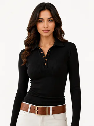 Custom Women’s Long Sleeve Ribbed Polo Shirt – Private Label Fitted Top