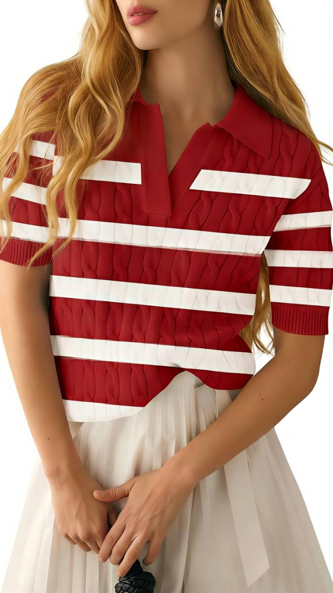 Custom Women’s Cable Knit Polo Shirt – Short Sleeve Open Collar Top
