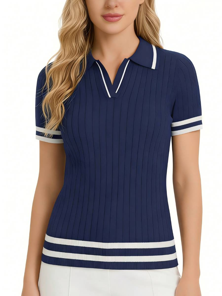 Custom Women’s Cable Knit Polo Shirt – Short Sleeve Open Collar Top