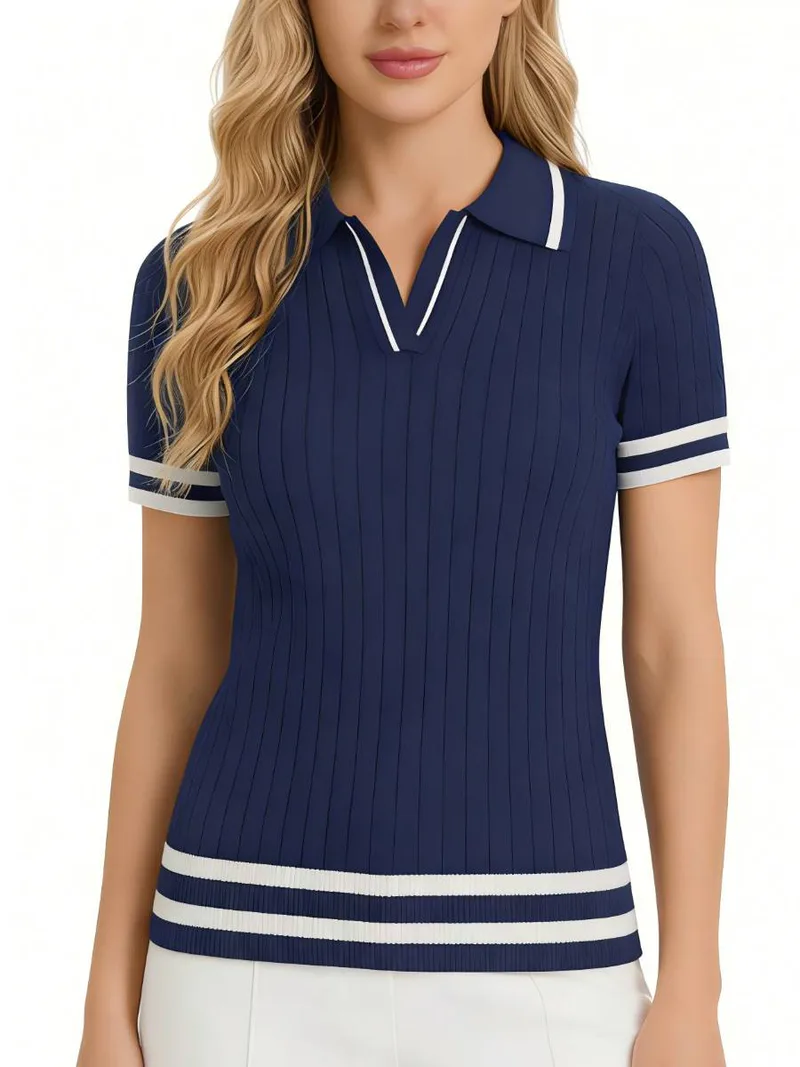 Custom Women’s Cable Knit Polo Shirt – Short Sleeve Open Collar Top