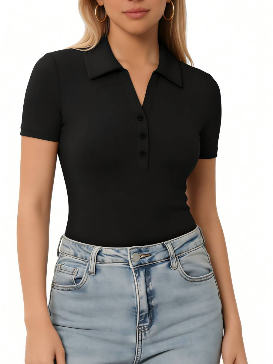 Women's Slim Fit V-Neck Polo Tee | Soft Stretch Short Sleeve Button Top