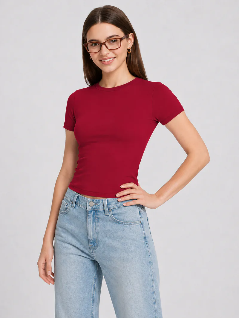 Women Slim Fit Stretch Crew Neck T Shirt