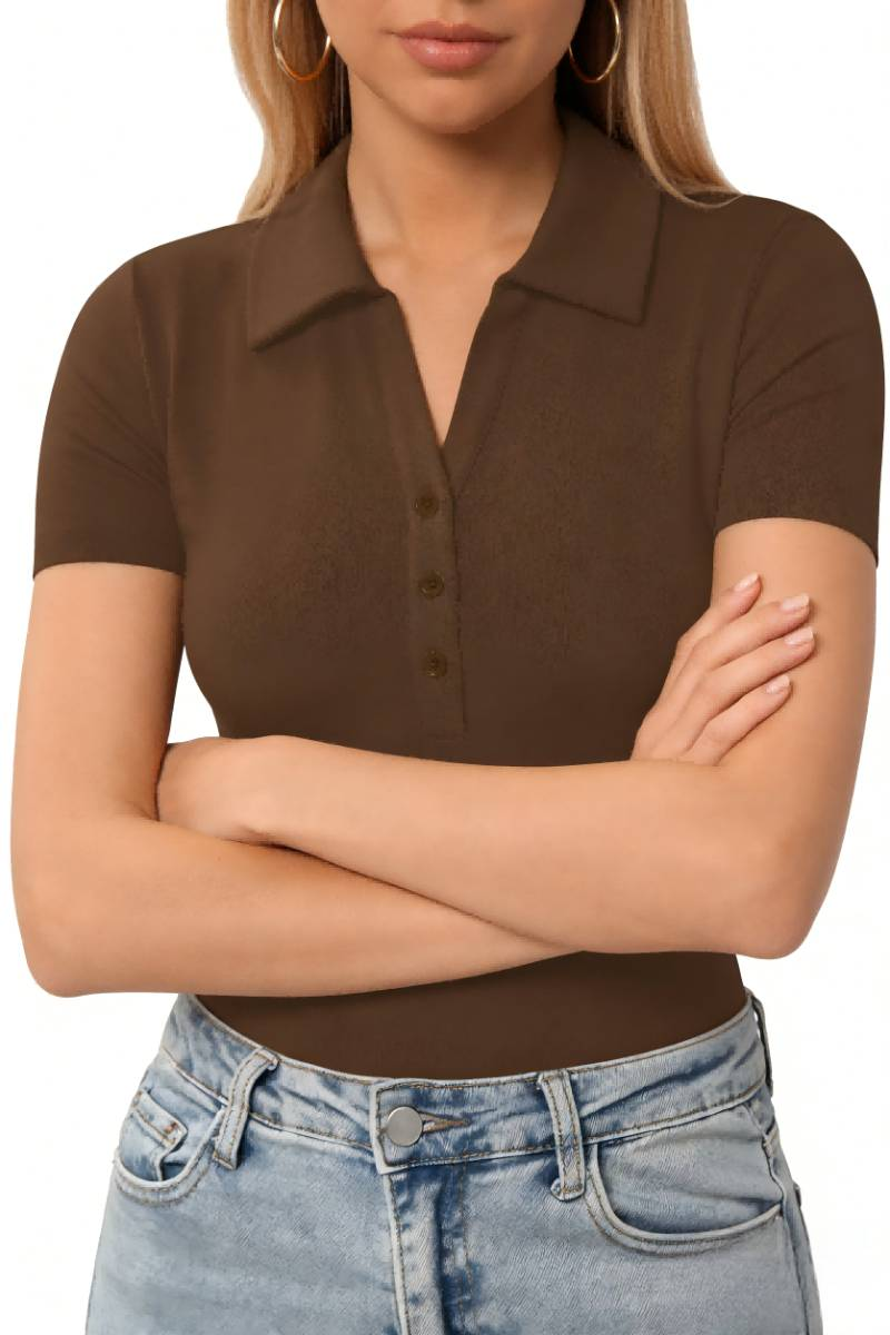 Women's Slim Fit V-Neck Polo Tee | Soft Stretch Short Sleeve Button Top