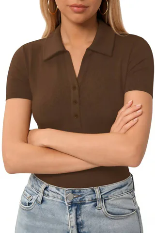 Women's Slim Fit V-Neck Polo Tee | Soft Stretch Short Sleeve Button Top