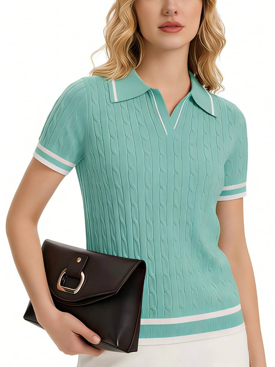 Custom Women’s Cable Knit Polo Shirt – Short Sleeve Open Collar Top