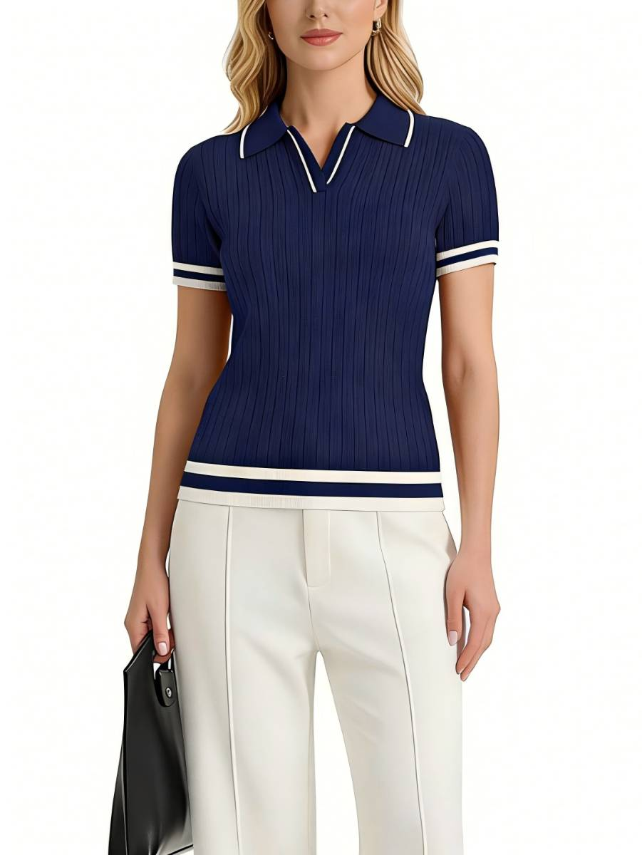 Custom Women’s Cable Knit Polo Shirt – Short Sleeve Open Collar Top