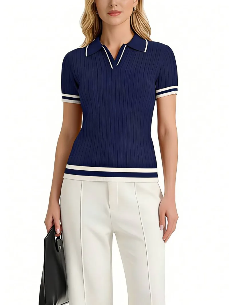 Custom Women’s Cable Knit Polo Shirt – Short Sleeve Open Collar Top