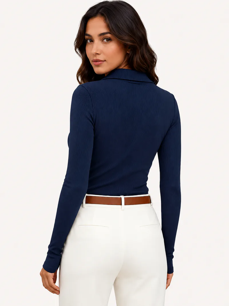 Custom Women’s Long Sleeve Ribbed Polo Shirt – Private Label Fitted Top