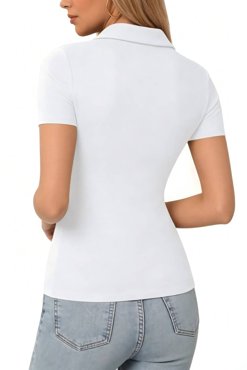 Women's Slim Fit V-Neck Polo Tee | Soft Stretch Short Sleeve Button Top
