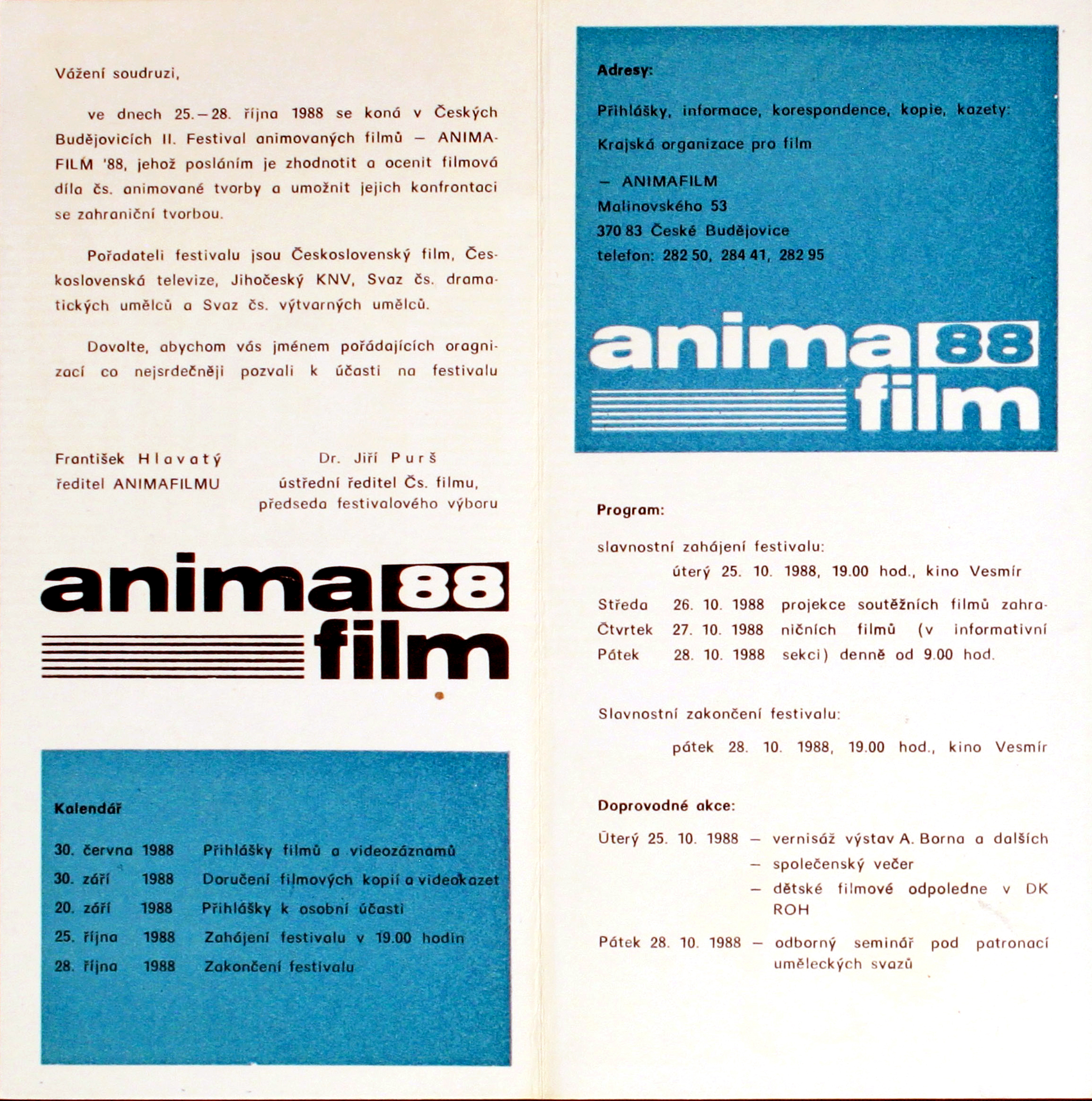 Leták ANIMAFILM (1988) zdroj: Jihočeská vědecká knihovna.