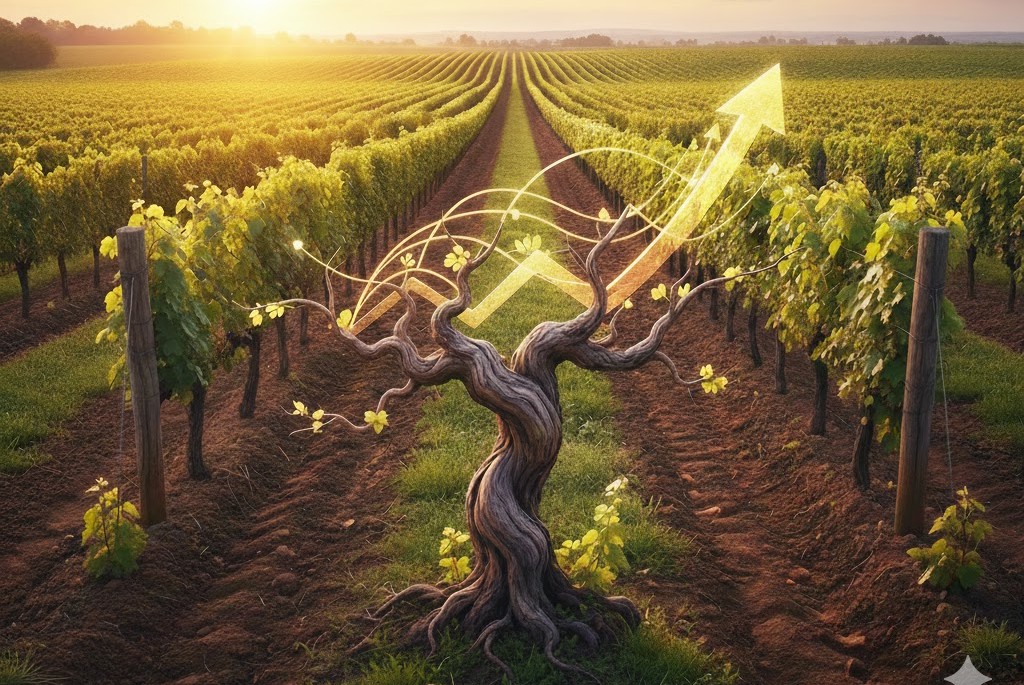 A lush green vineyard with new grape growth on the vines.