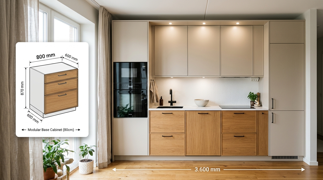 Șablon personalizabil adaptat de la un modul de 80 cm la o bucătărie completă de 9 corpuri pe 3,60 metri