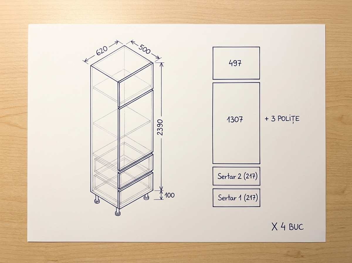 Schiță reală desenată de mână pentru cele 4 corpuri înalte de 620 × 2390 × 500 mm