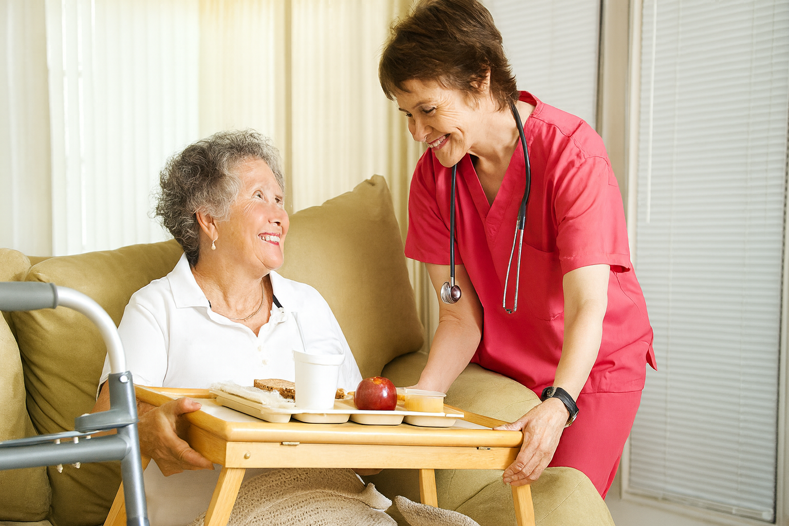 A diverse team of caregivers smiling together.