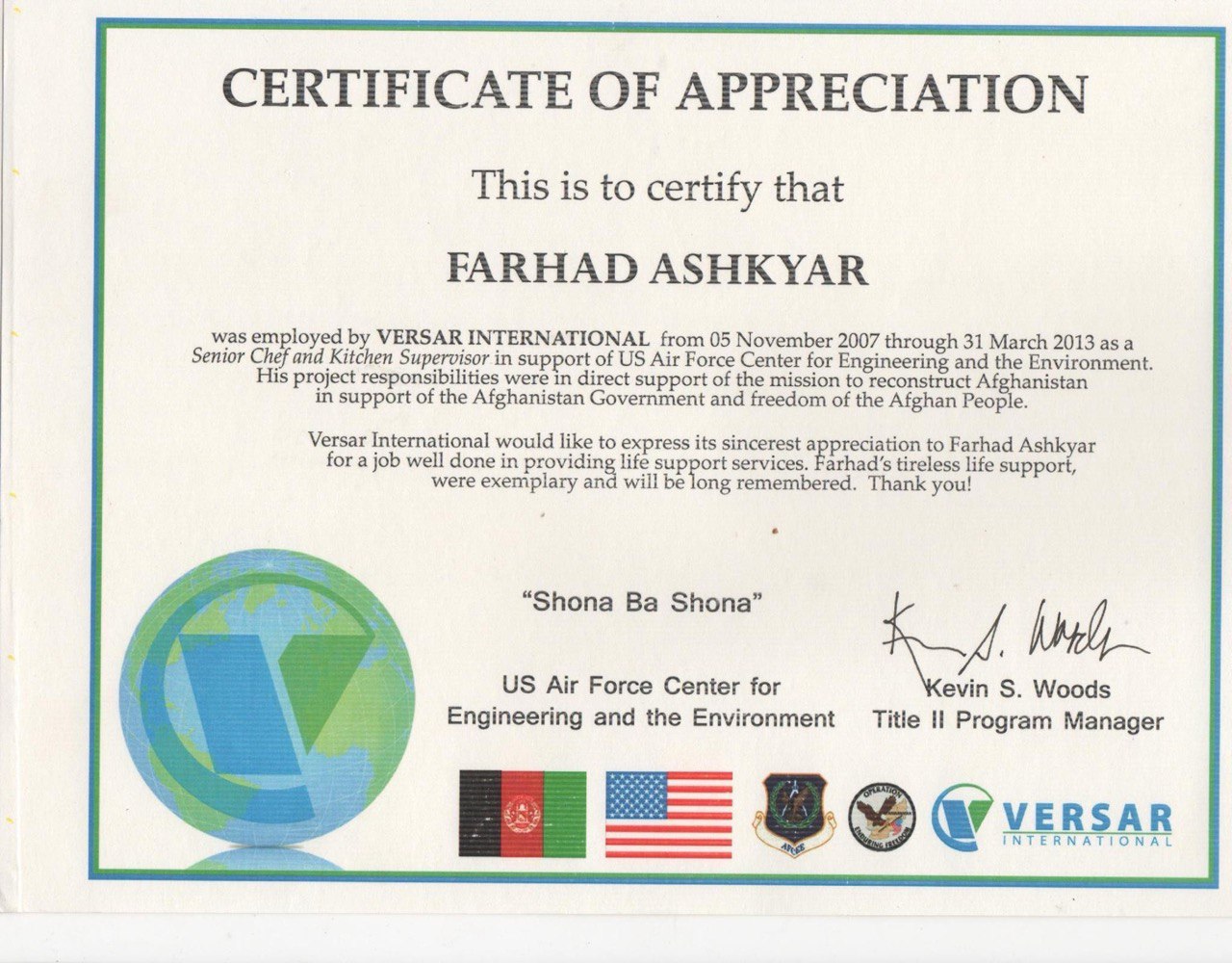 Chef Farhad Ashkyar US Air Force Certification