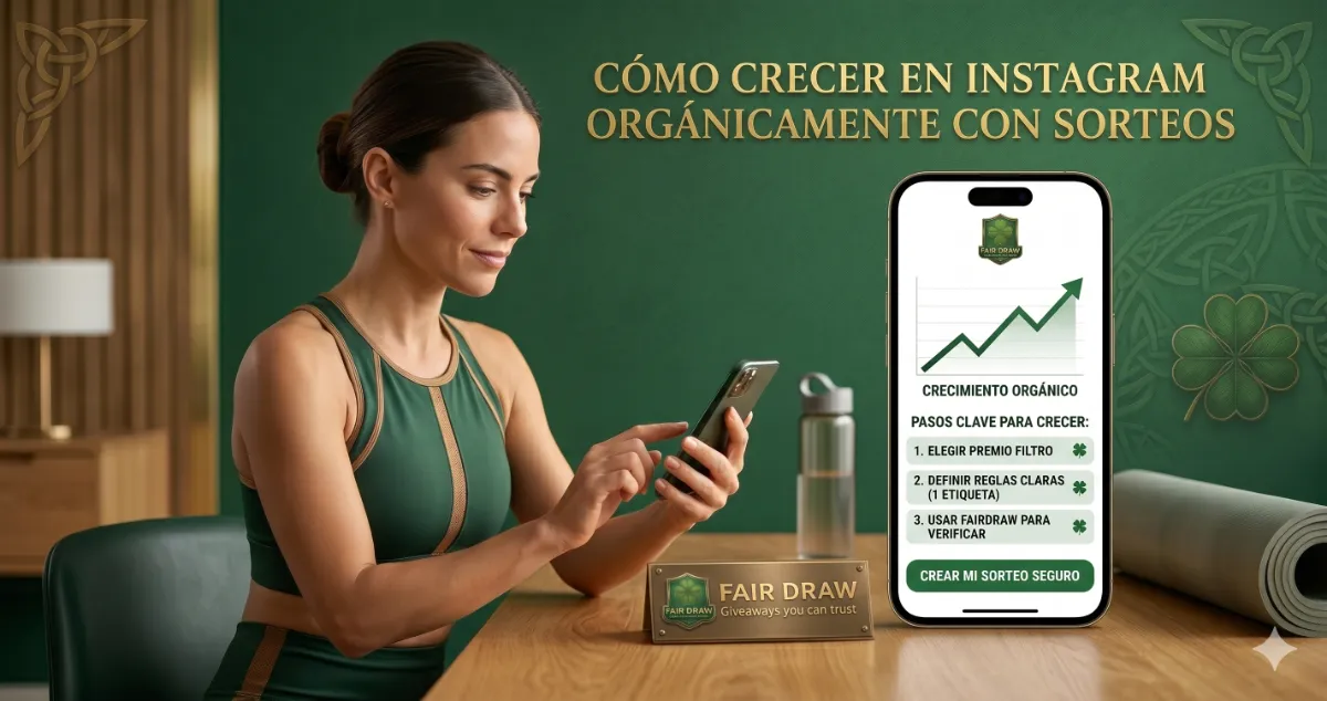 Content creator checking metrics on her phone about how to grow on Instagram organically by running giveaways with the FairDraw application.