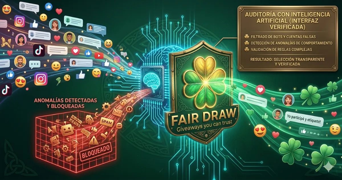 Inteligencia Artificial filtrando comentarios duplicados y bots para procesar un sorteo transparente con el logotipo de Fair Draw