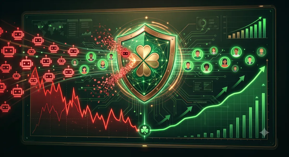 Painel de controle tecnológico mostrando um gráfico de engajamento protegido pelo escudo de Inteligência Artificial do Fair Draw, filtrando bots vermelhos e permitindo a passagem de usuários reais.