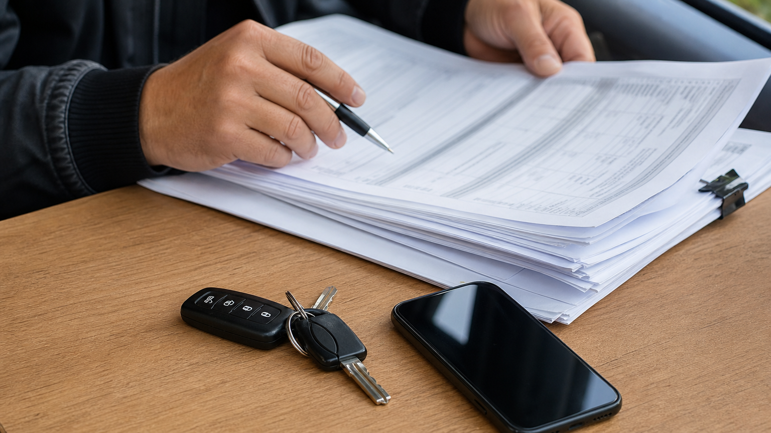 Praktický detail řidiče taxi při kontrole telefonu a plánování tržby před směnou v Praze