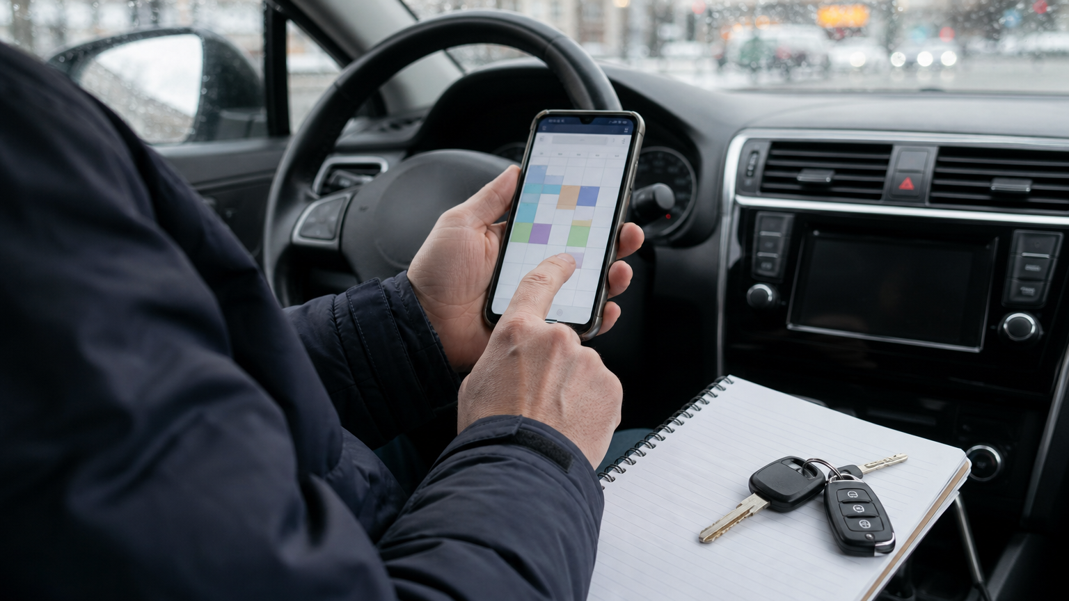 Řidič taxi sleduje provoz a počasí na pražské ulici se sněhovou břečkou