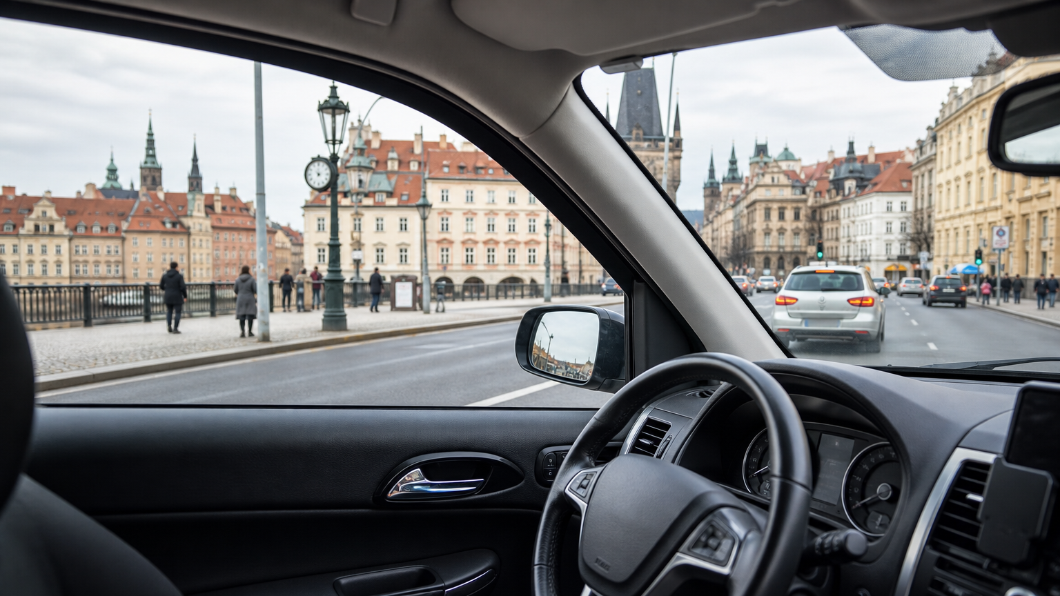 Organizér s nabíječkou, vodou a drobnou výbavou řidiče taxi v interiéru auta