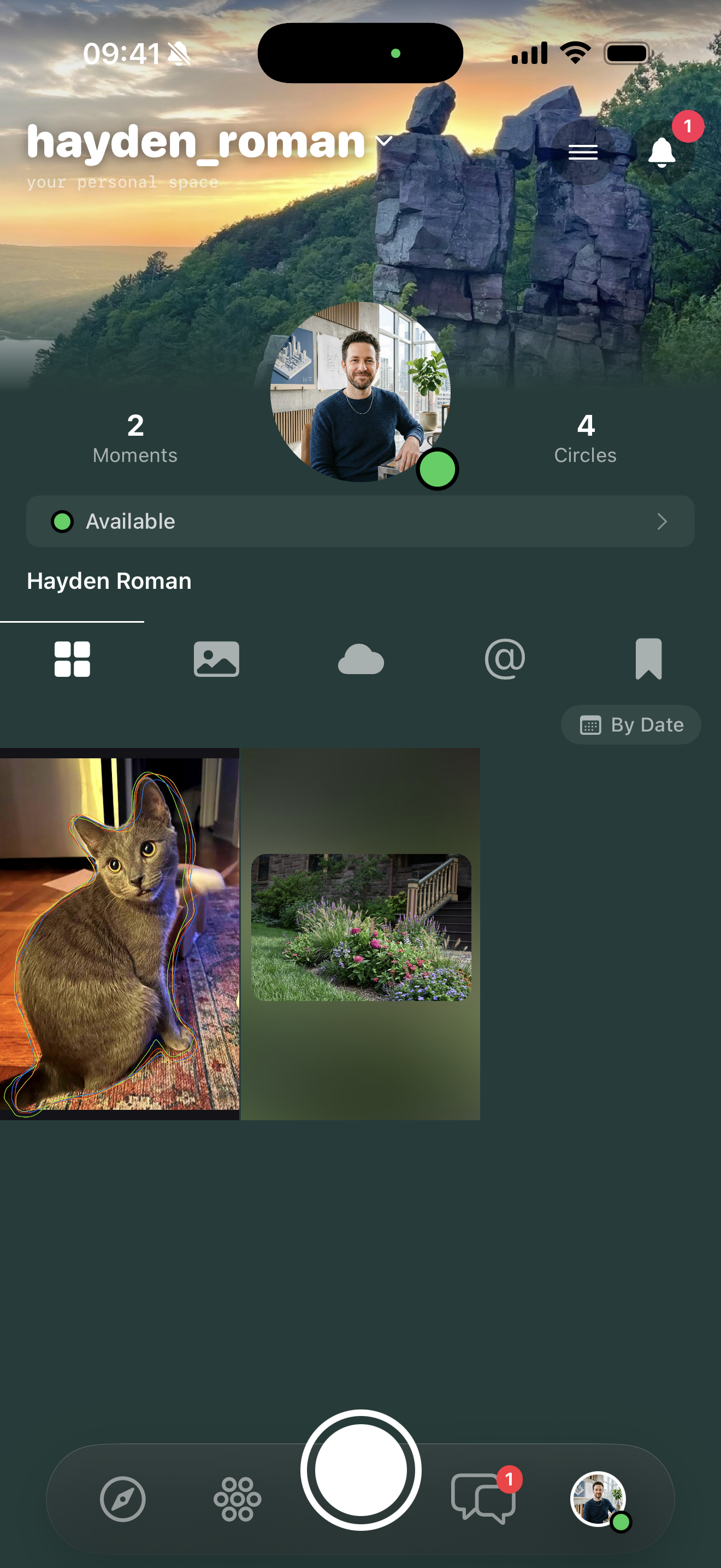 Grid tab — 3-column mosaic of recent photos