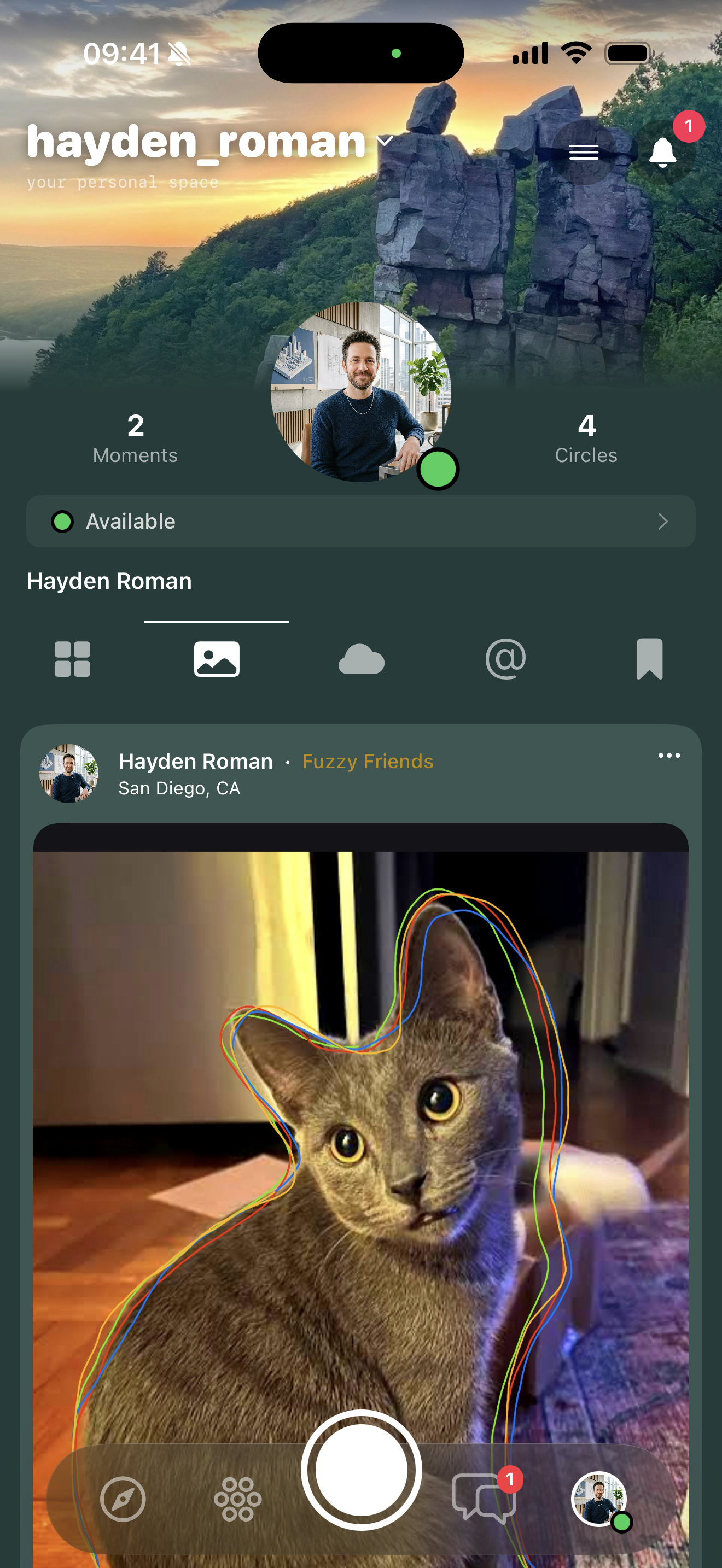 Moments tab — chronological photo feed
