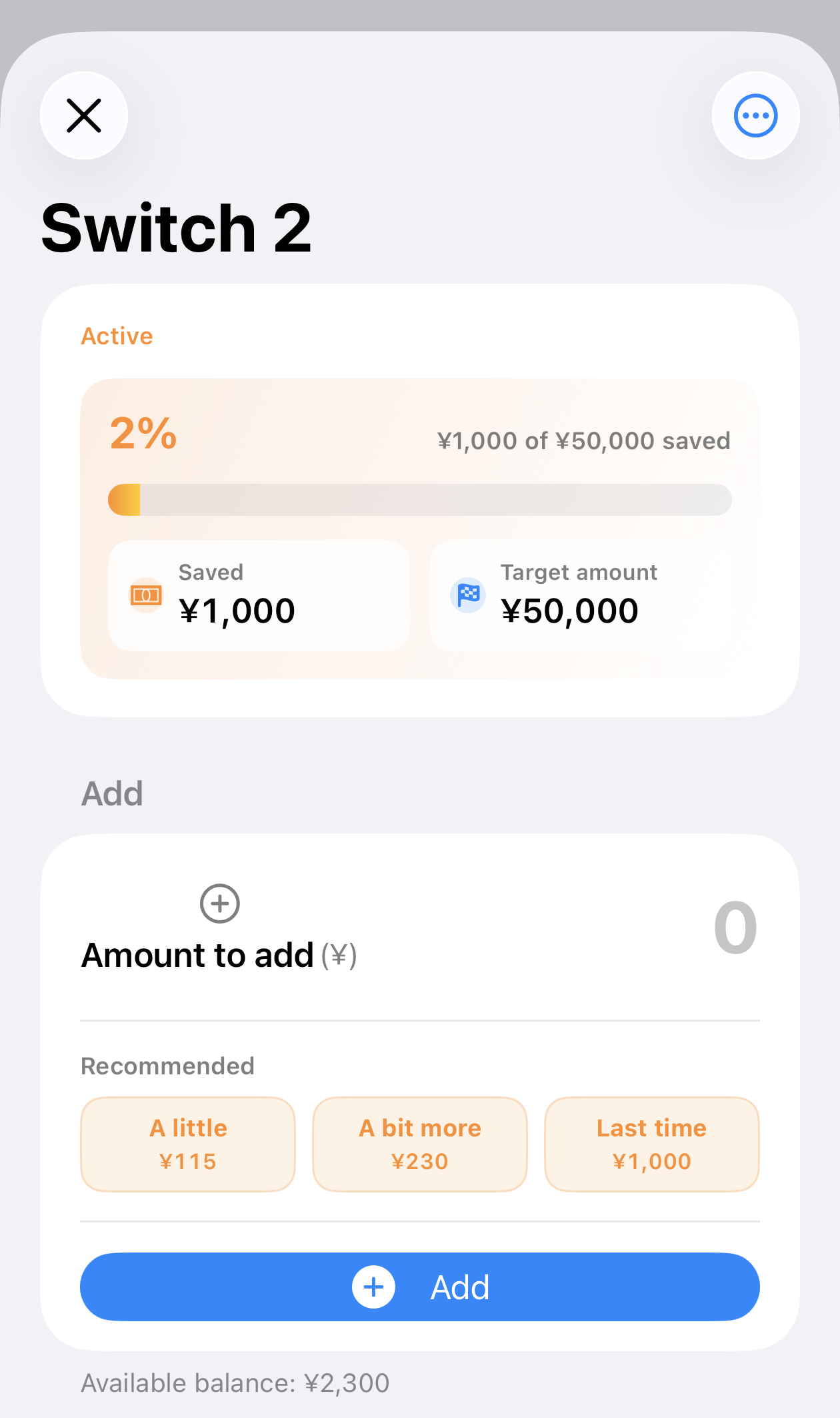 Screenshot dell’obiettivo di risparmio con importo target, avanzamento, importo restante e suggerimento di versamento