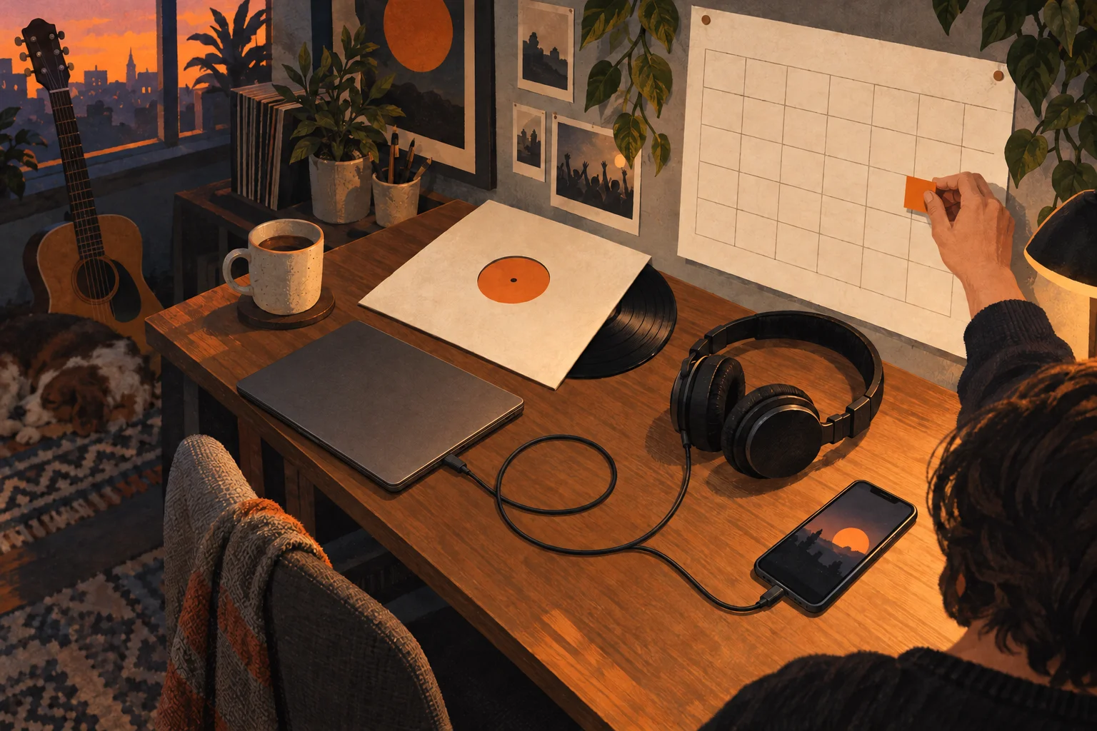 A musician moves an orange marker on a wall calendar above a sunset-lit desk with a record, headphones, laptop and phone.