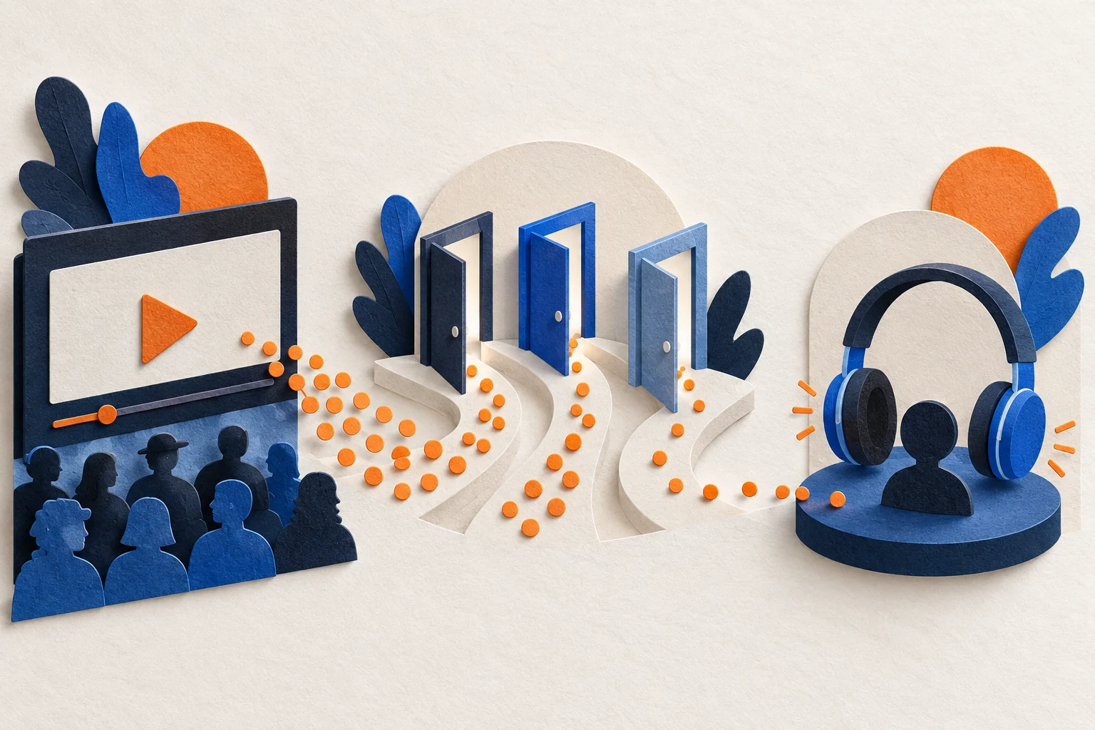 A cut-paper video card leads through three doors towards headphones, with orange dots representing different stages of a listener journey.